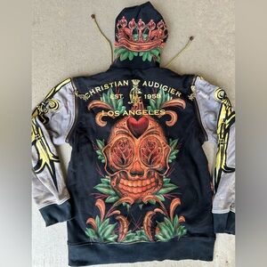 RARE! Men’s CHRISTIAN AUDIGIER ED HARDY Los Angeles Rhinestones Skull HOODIE M